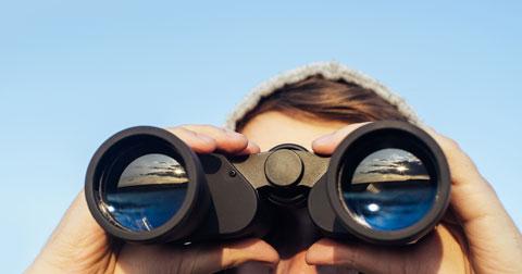 Person looking through binoculars focused on horizon