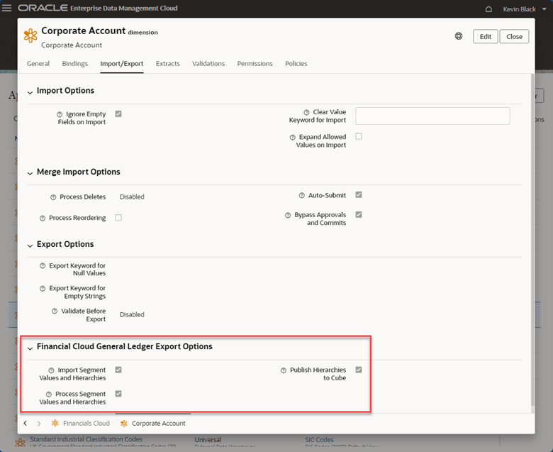 Oracle EDM screenshot financial cloud general ledger export options