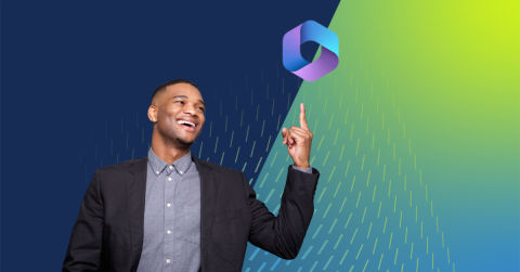 business professional pointing to Microsoft CoPilot logo