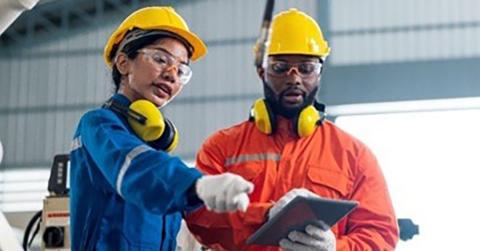 frontline workers using Microsoft technology on tablet