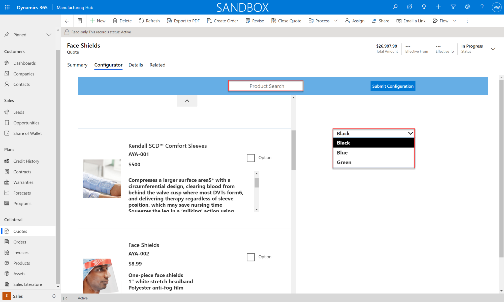 Microsoft D365 Quote Configurator PowerApp tab with product search and scroll with color options