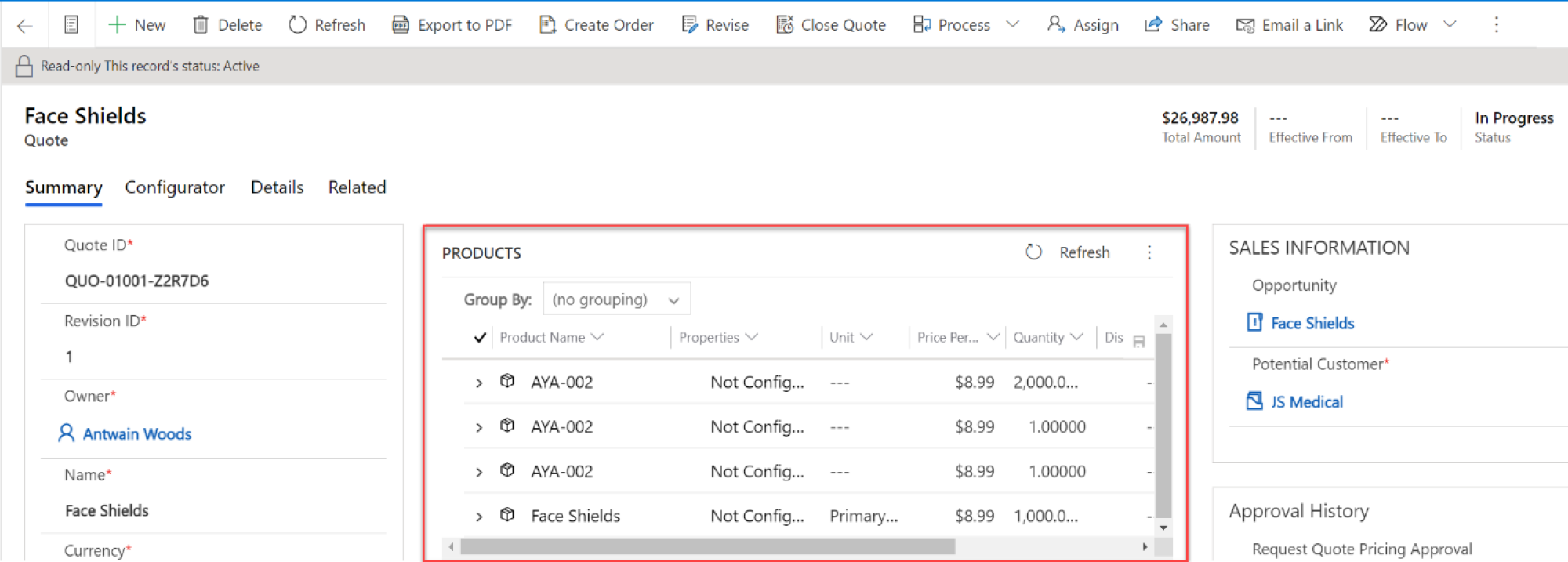 Microsoft D365 completed quote showing product line items