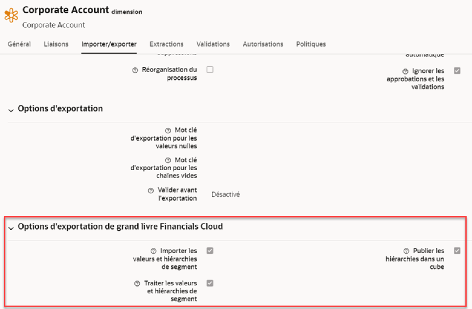 Oracle EDM screenshot financial cloud general ledger export options