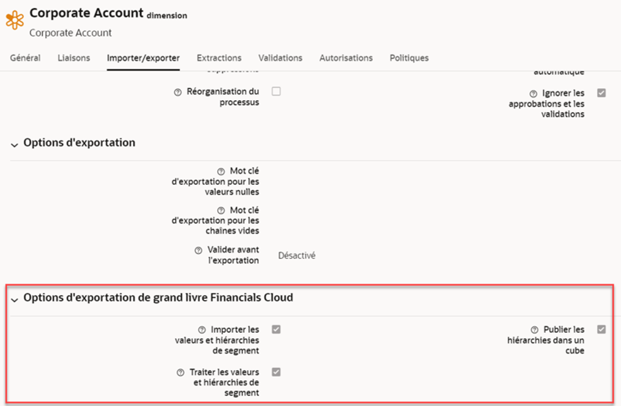 Oracle EDM financial cloud options d'exportation de grand livre