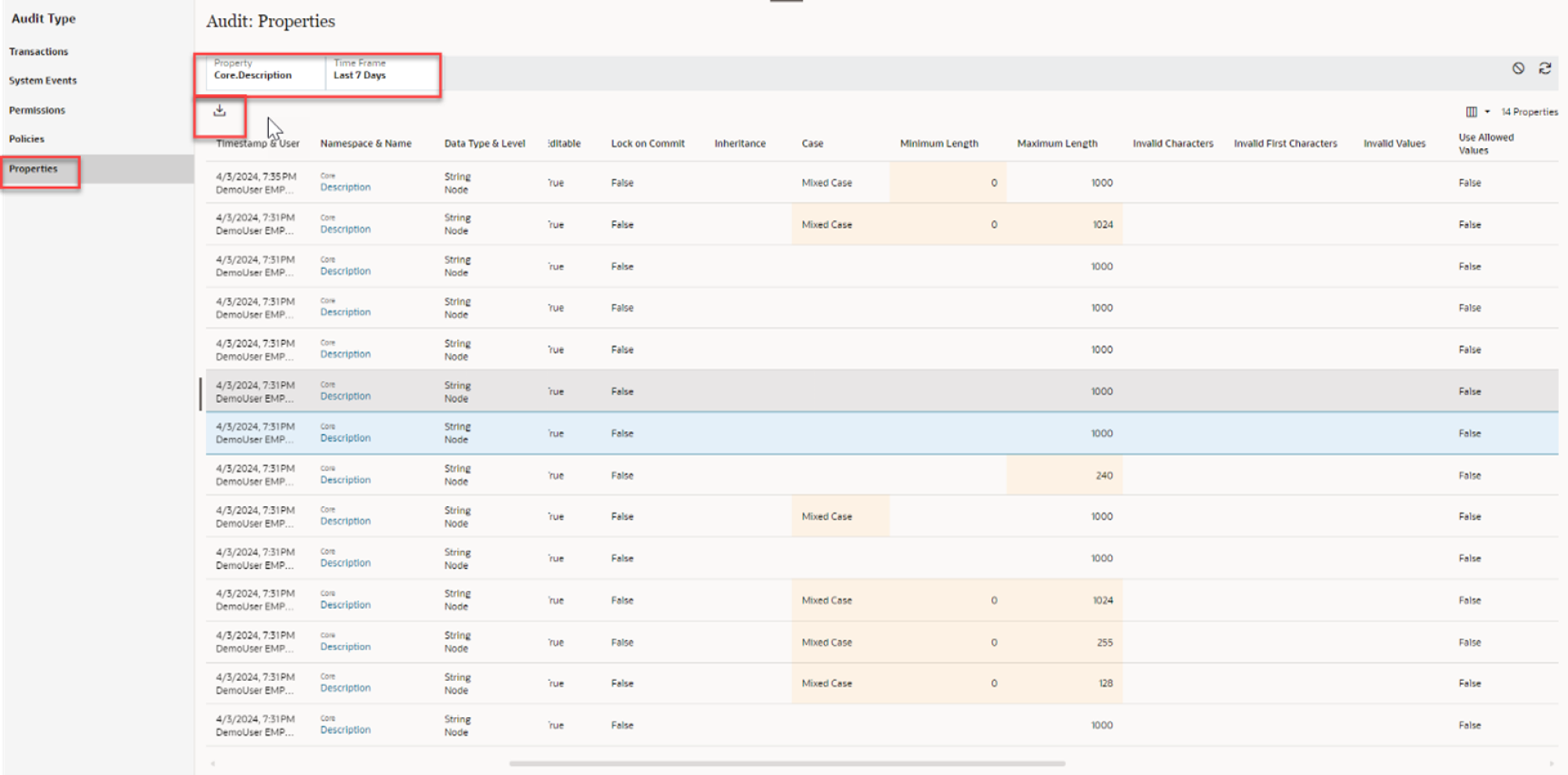 screenshot of Oracle EDM platform showing the audit properties screen