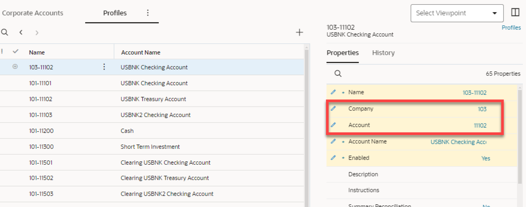 Oracle EDM screenshot showing how to automatically generate an account name using company and account property fields