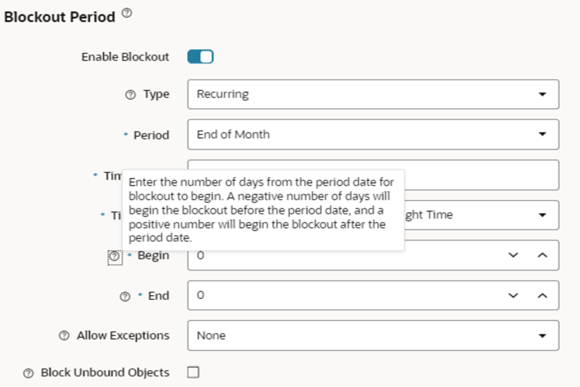Oracle EDM screenshot showing new recurring blackout period options