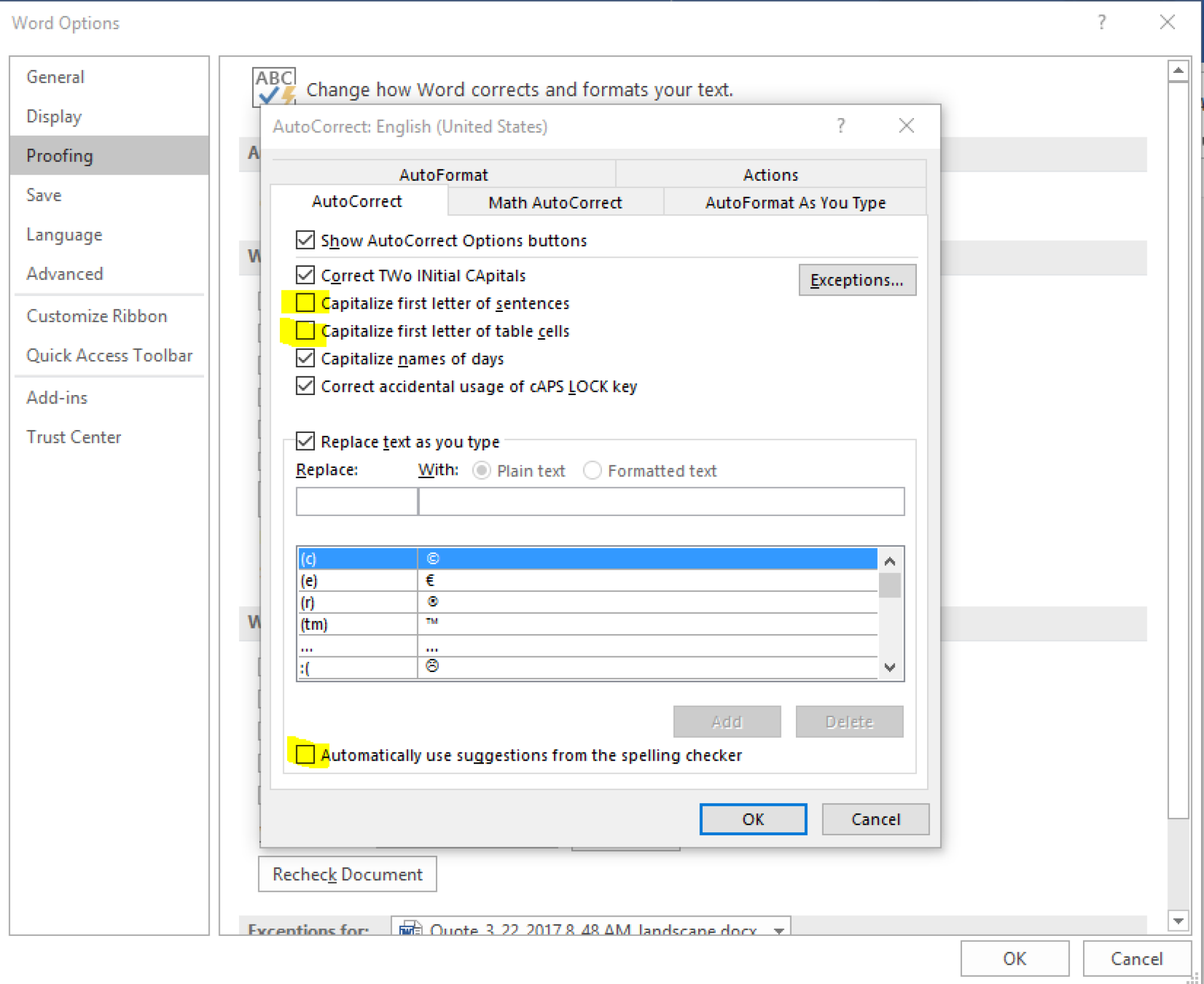 Unchecking capitalize first letter of sentences
