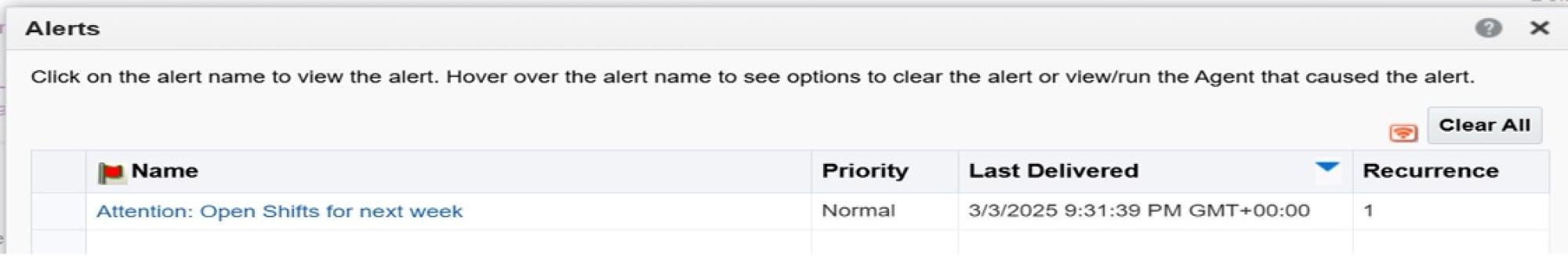 Screenshot of Oracle Workforce scheduling alert