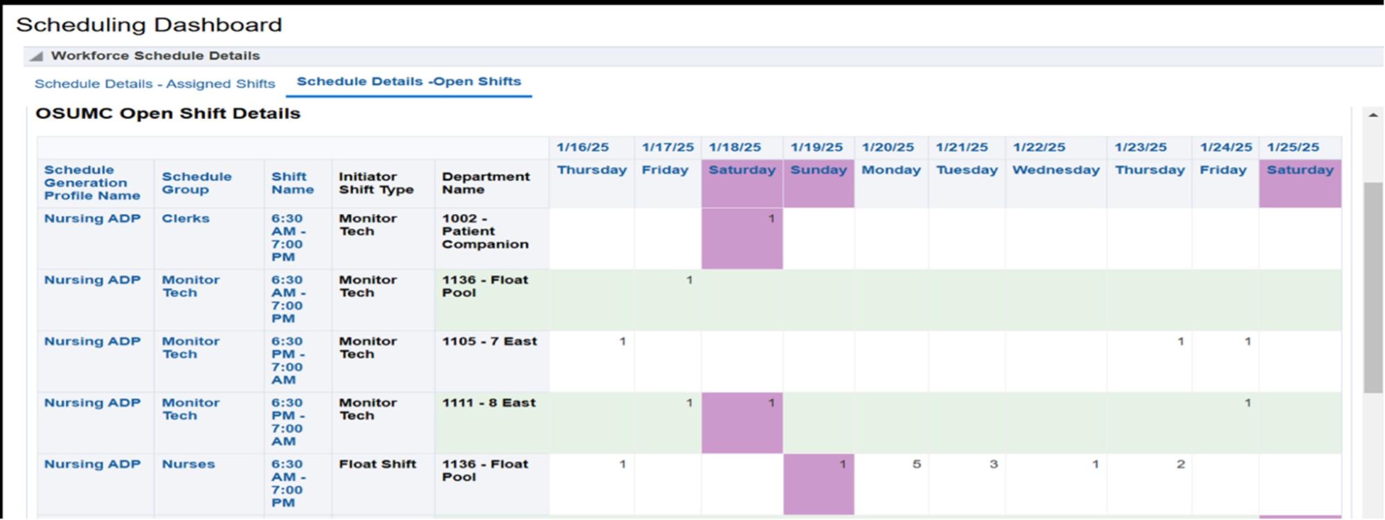 Screenshot of Oracle Workforce Scheduling Open shift