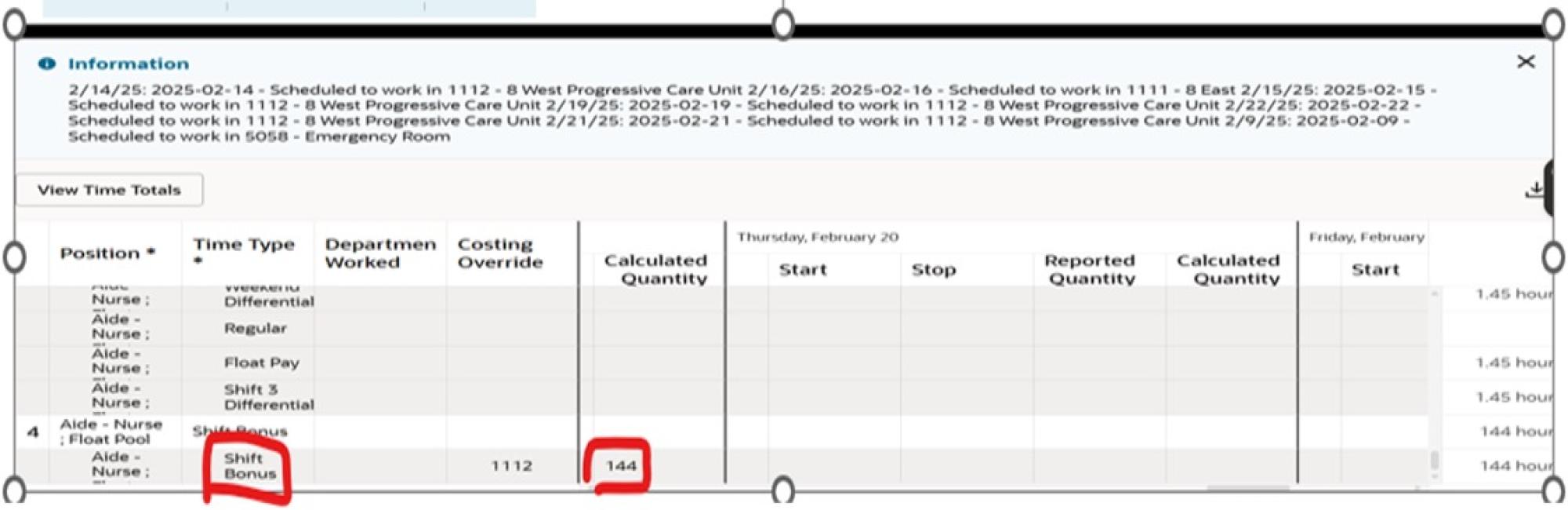 Screenshot of Oracle Workforce Scheduling information shift
