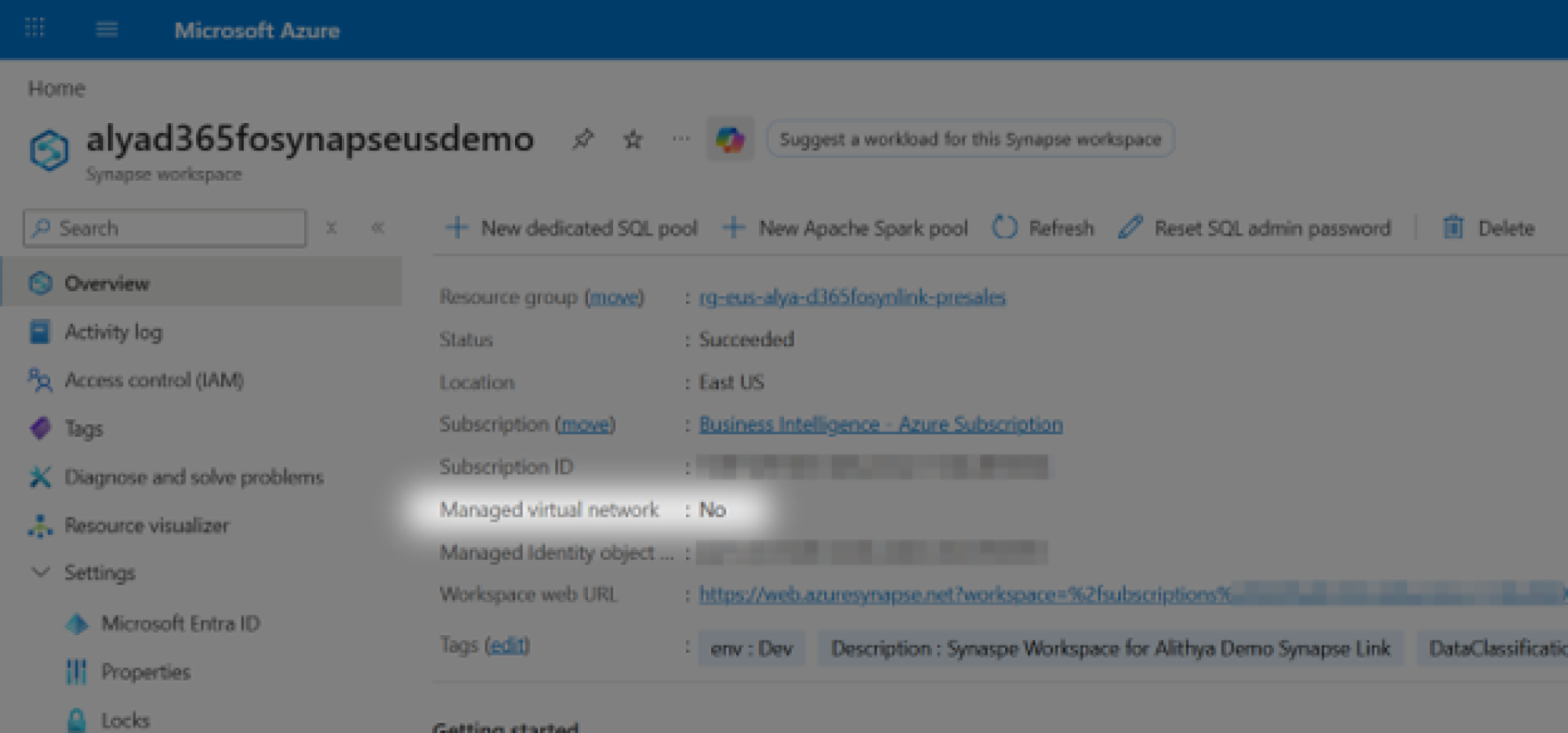 Azure Synapse managed virtual network settings screenshot